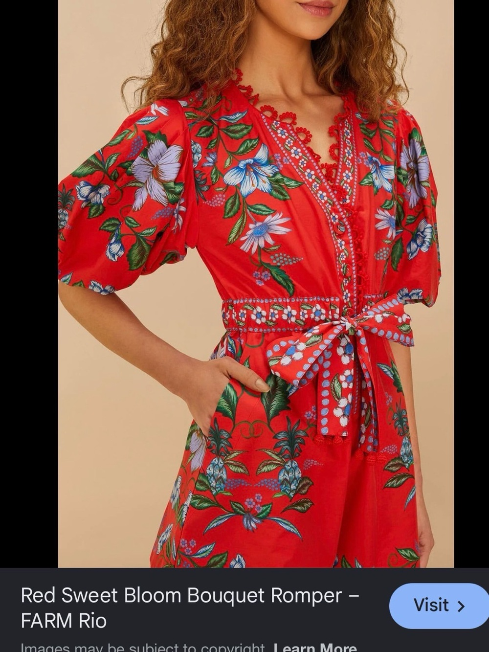FARM Rio Red Floral Lace-Trim Tie-Waist Romper NWT Size L